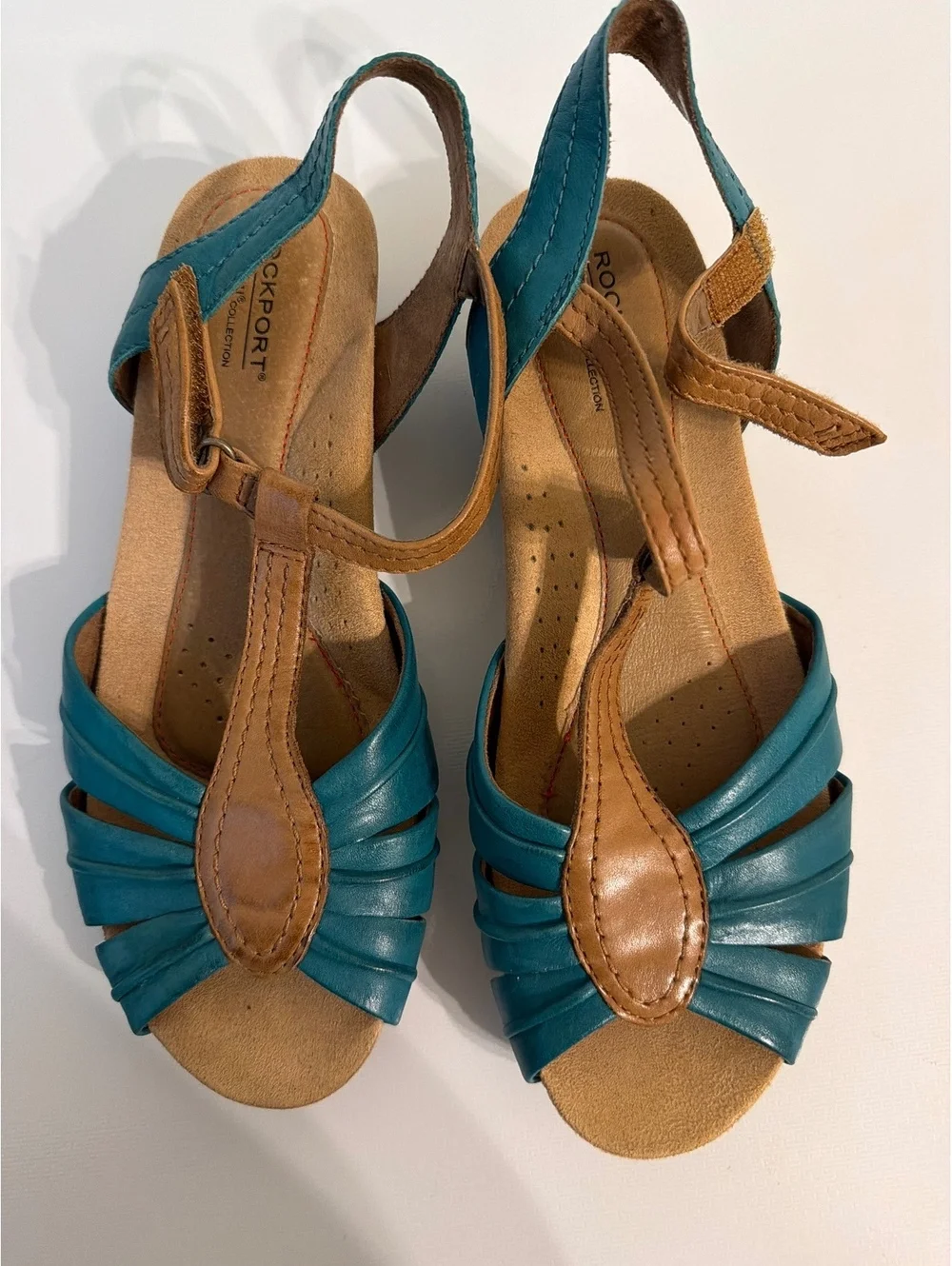Rockport Women's Teal and Tan Leather Wedge Sandals
